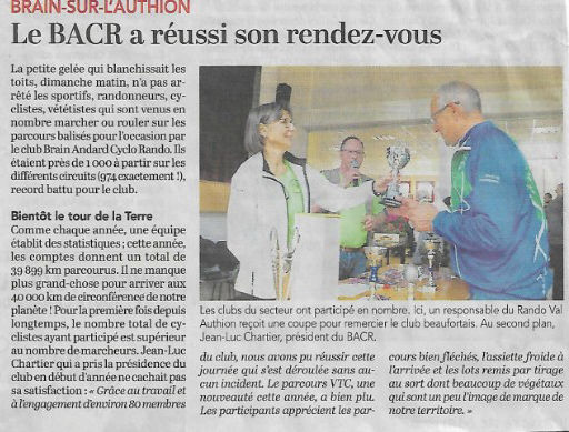 Article du Courrier de l'Ouest - compte rendu de la Randonnée de l'Authion 2019