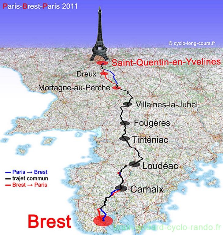 Paris-Brest-Paris : la perspective depuis Brest jusqu'à la tour Eiffel